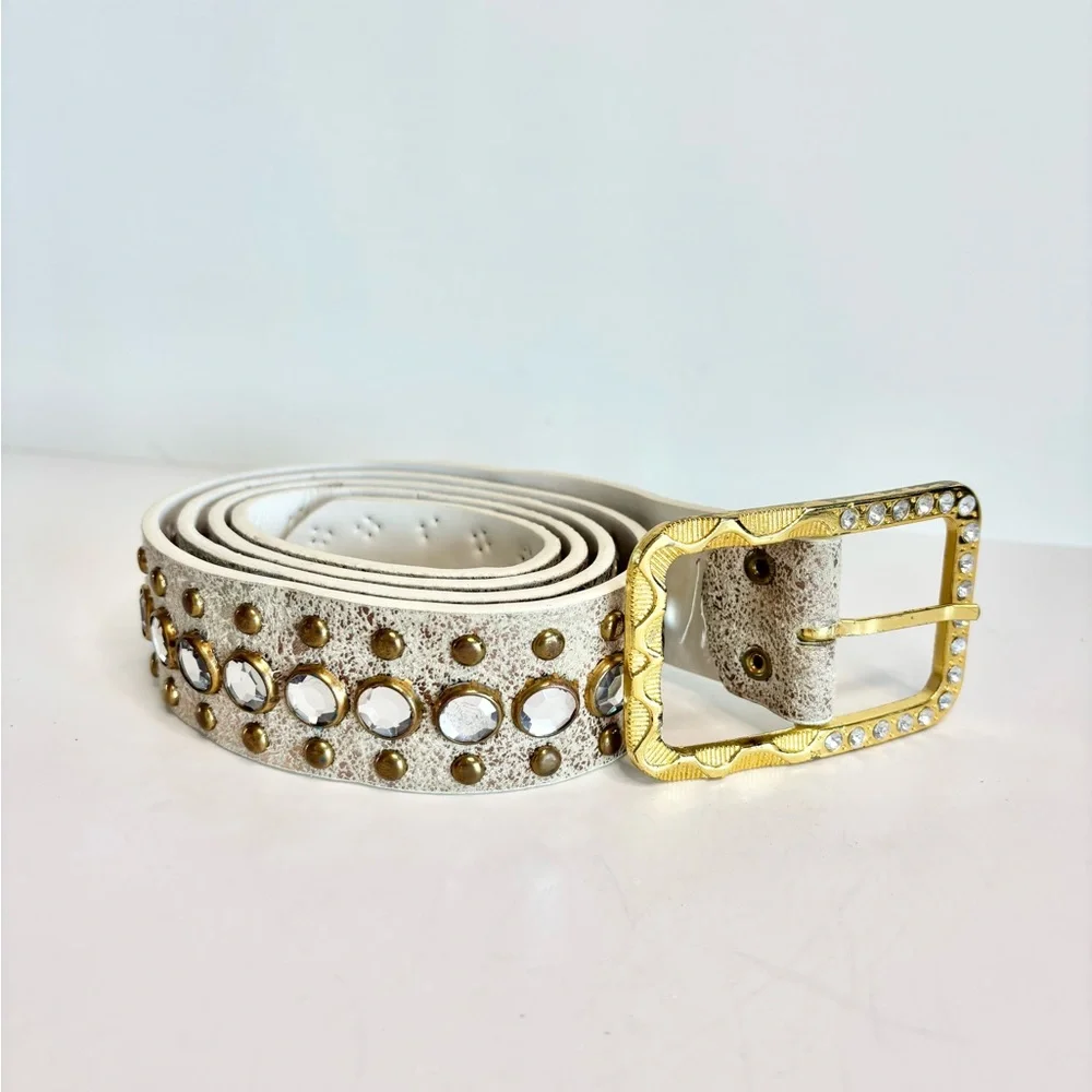 Vintage White and Gold Belt Studded and Crystals with Gold Buckle